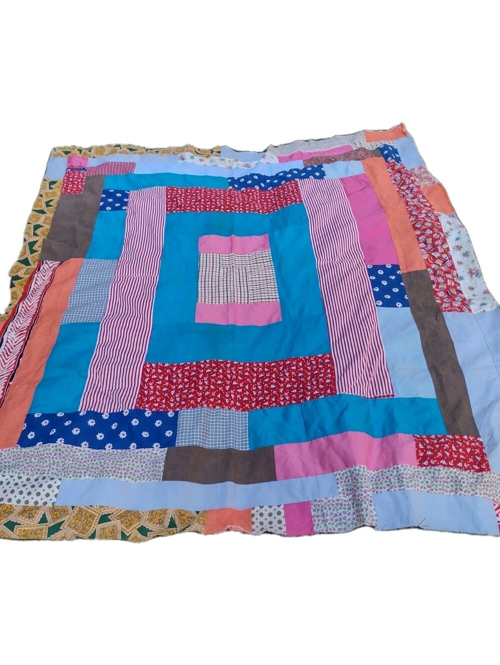 Vintage 80s Handmade Scrap Quilt Top 86x82 Make Do Patchwork Folk Art Textile